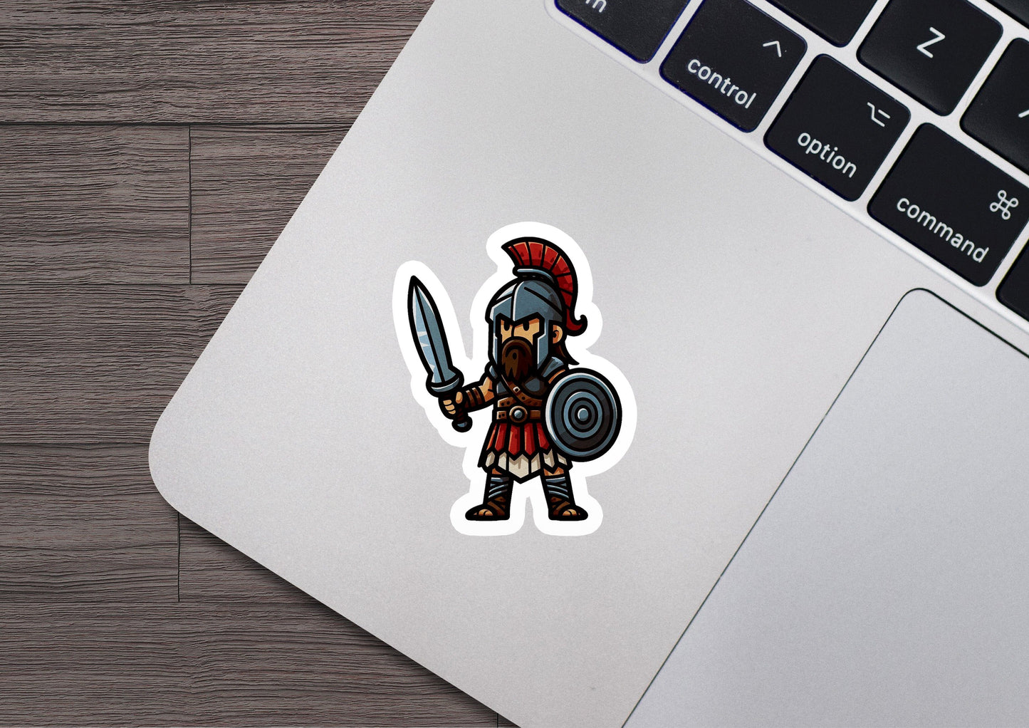 a sticker of a man with a sword and shield