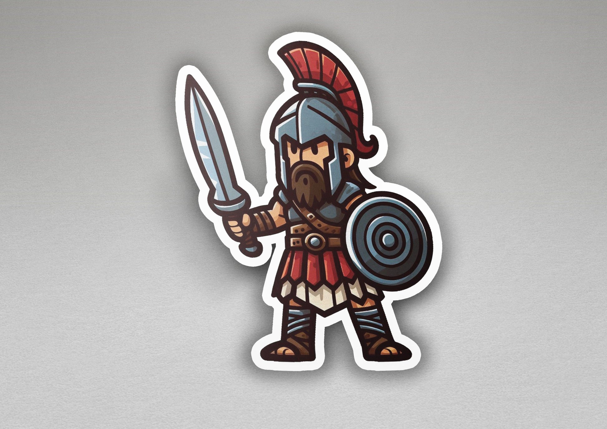 a sticker of a roman warrior holding a sword and shield