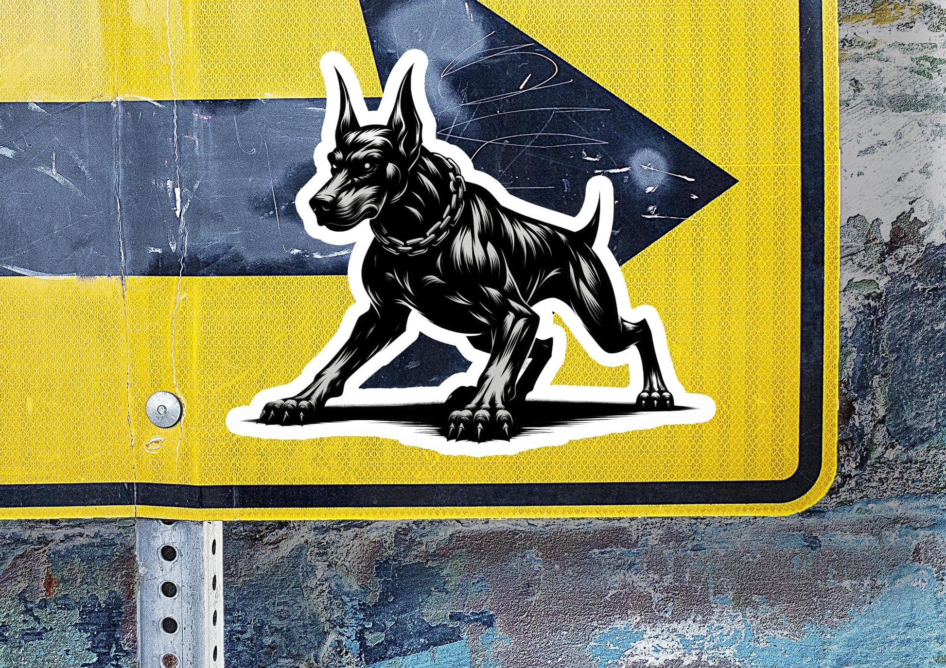 a sticker of a dog on a yellow sign