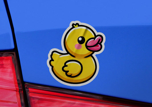 a yellow rubber ducky sticker on the back of a blue car