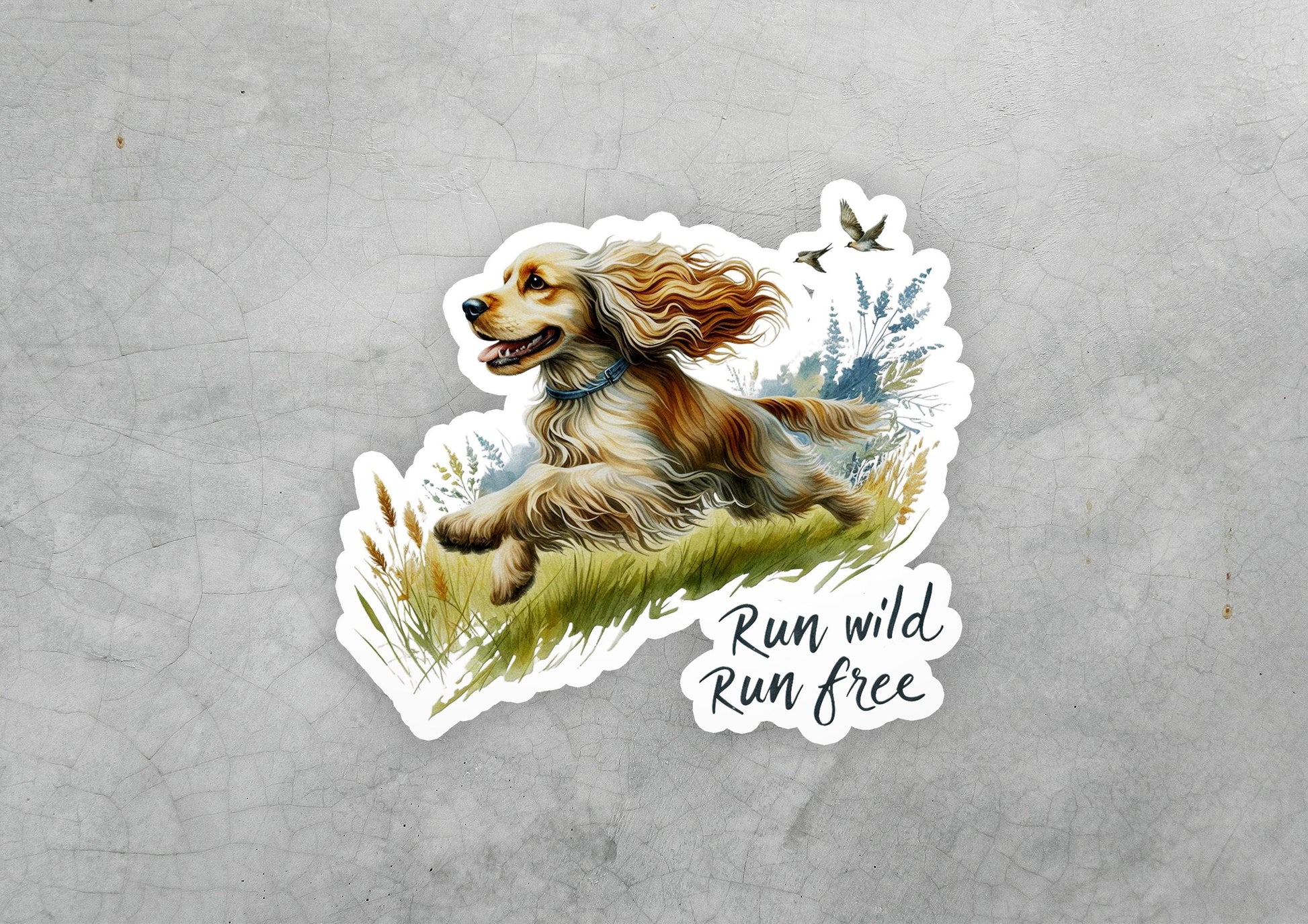 a sticker of a dog running in the grass