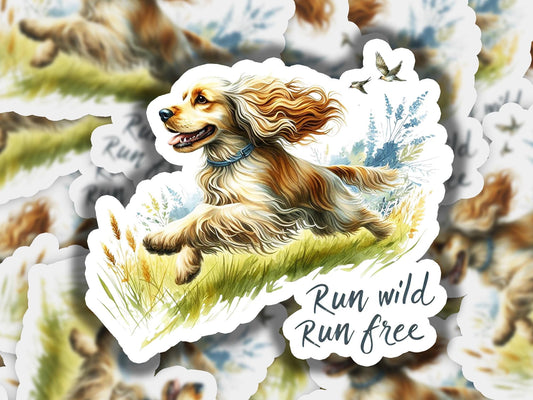 a sticker of a dog running in the grass