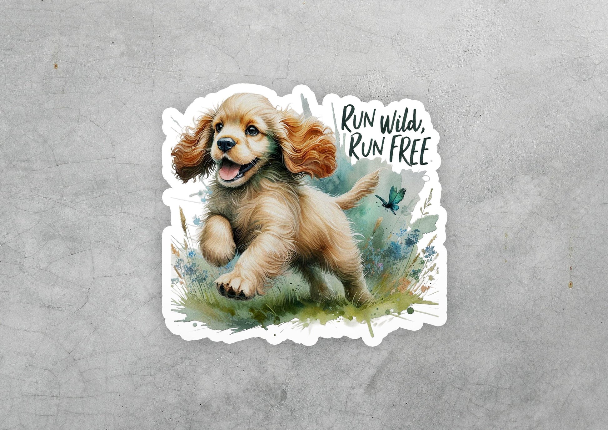 a sticker of a puppy running with a butterfly