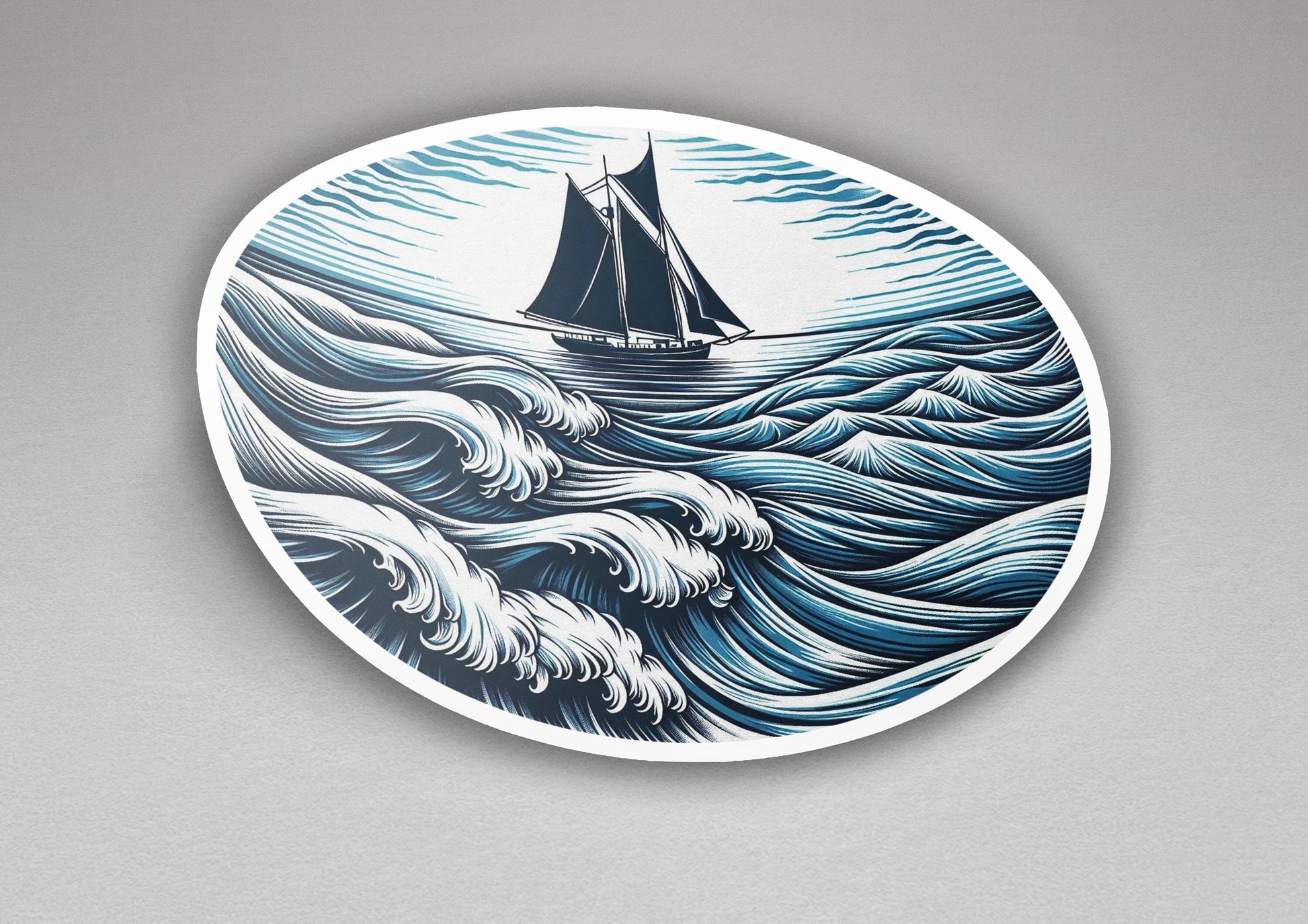 a blue and white plate with a boat in the ocean