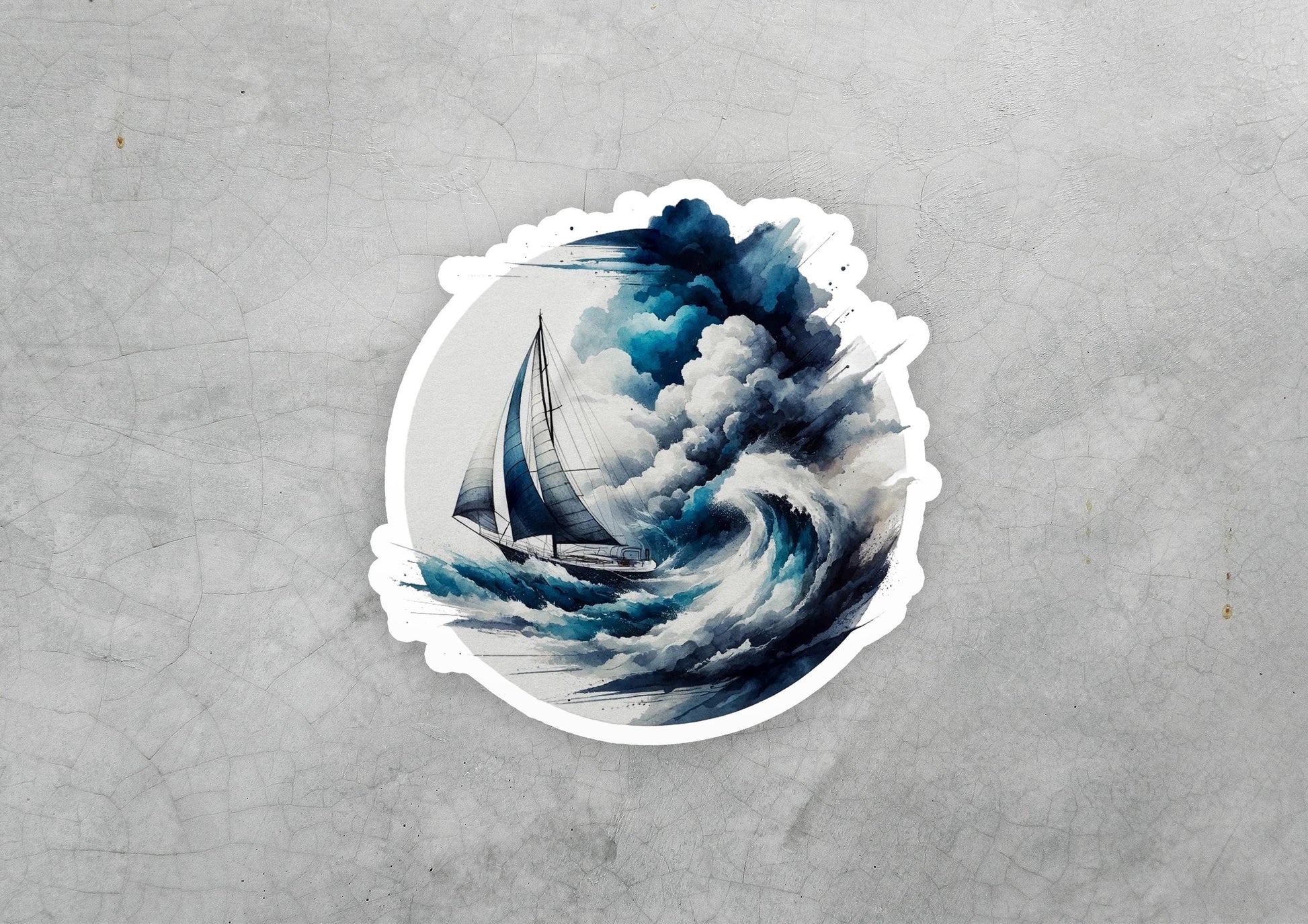a sticker of a sailboat in a stormy ocean