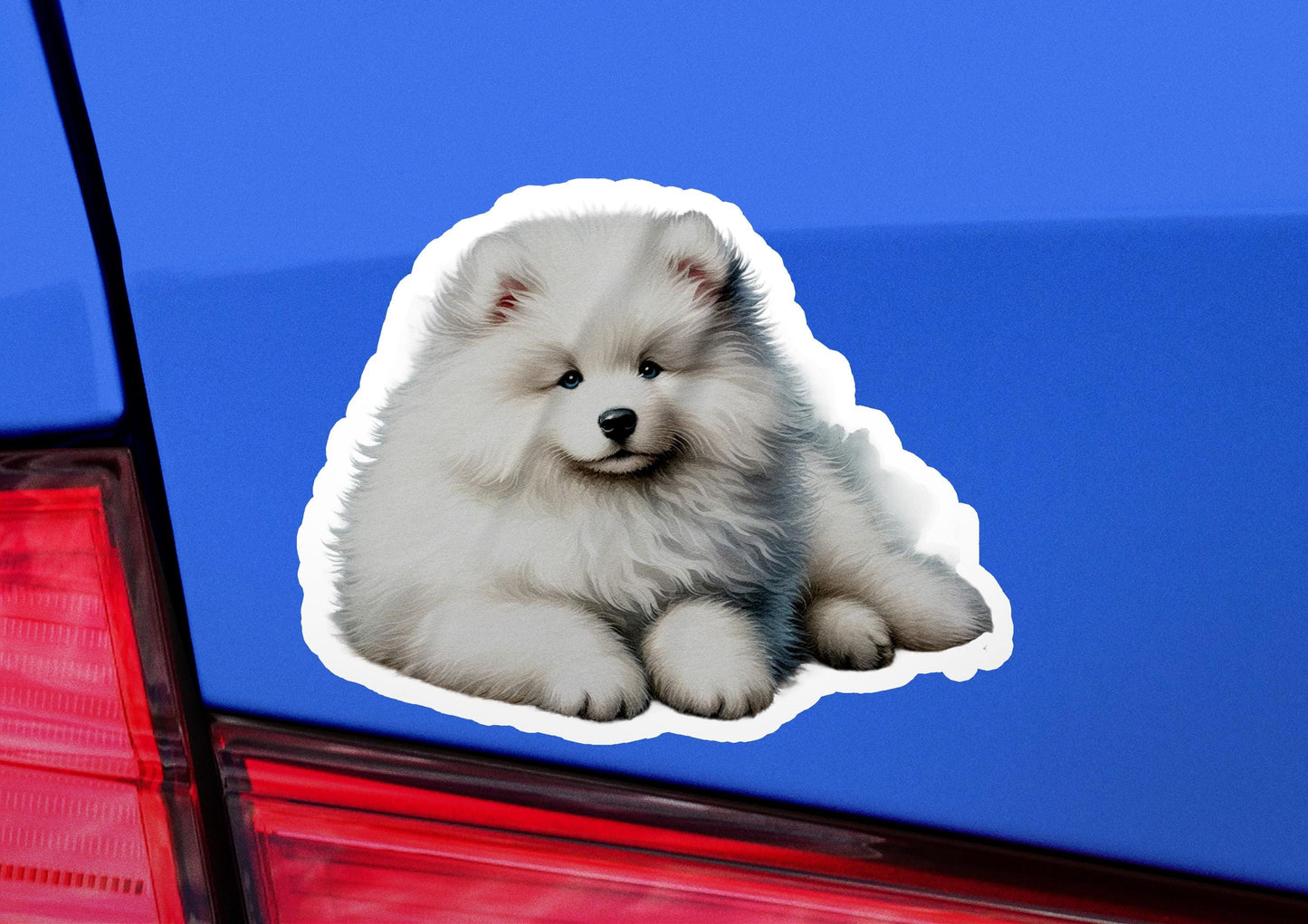 a sticker of a dog sitting on the back of a car