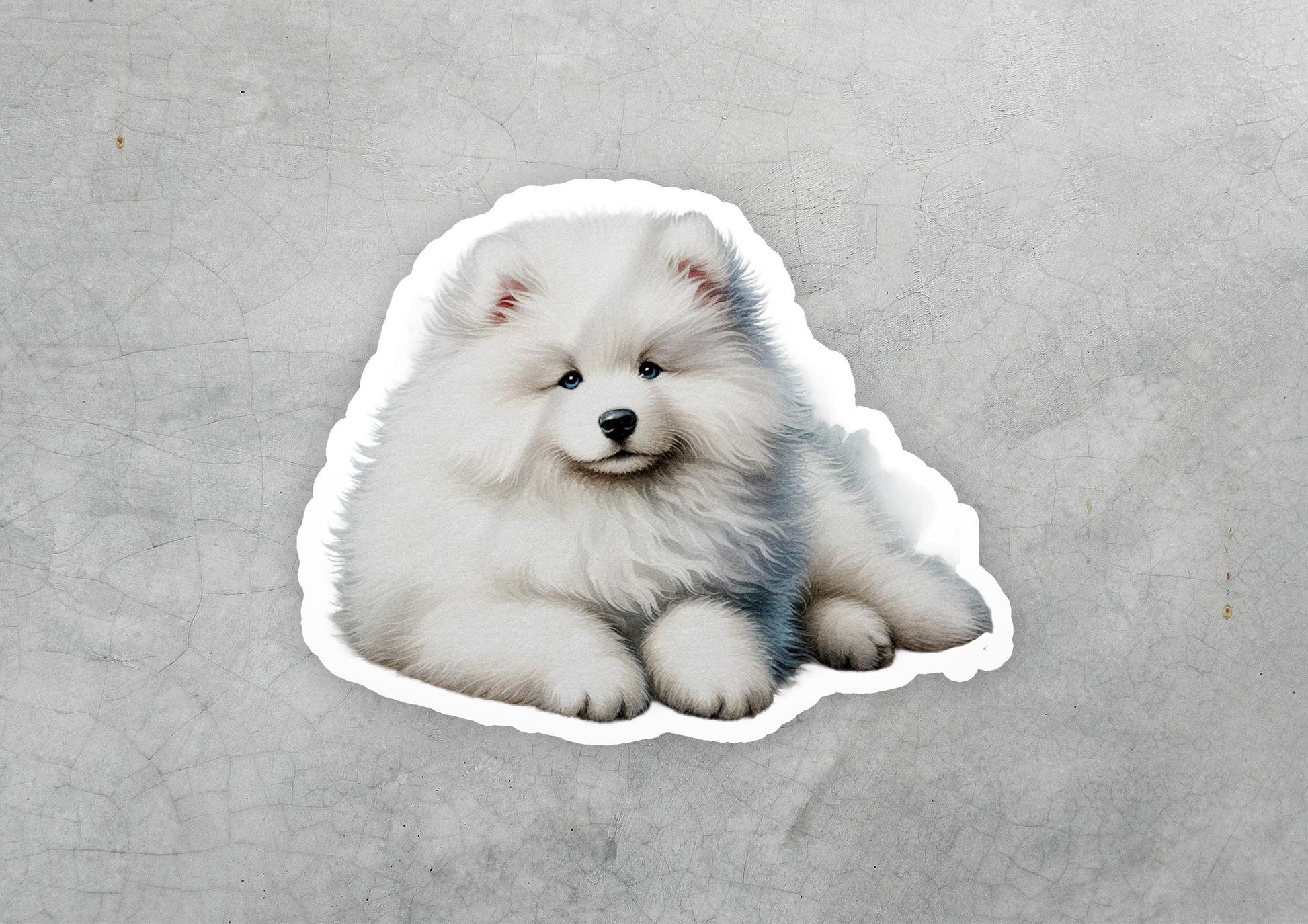 a sticker of a white puppy sitting on the ground
