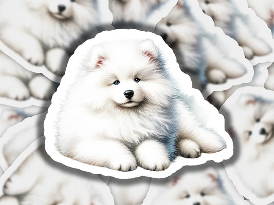 a picture of a white dog sitting in front of a bunch of white puppies