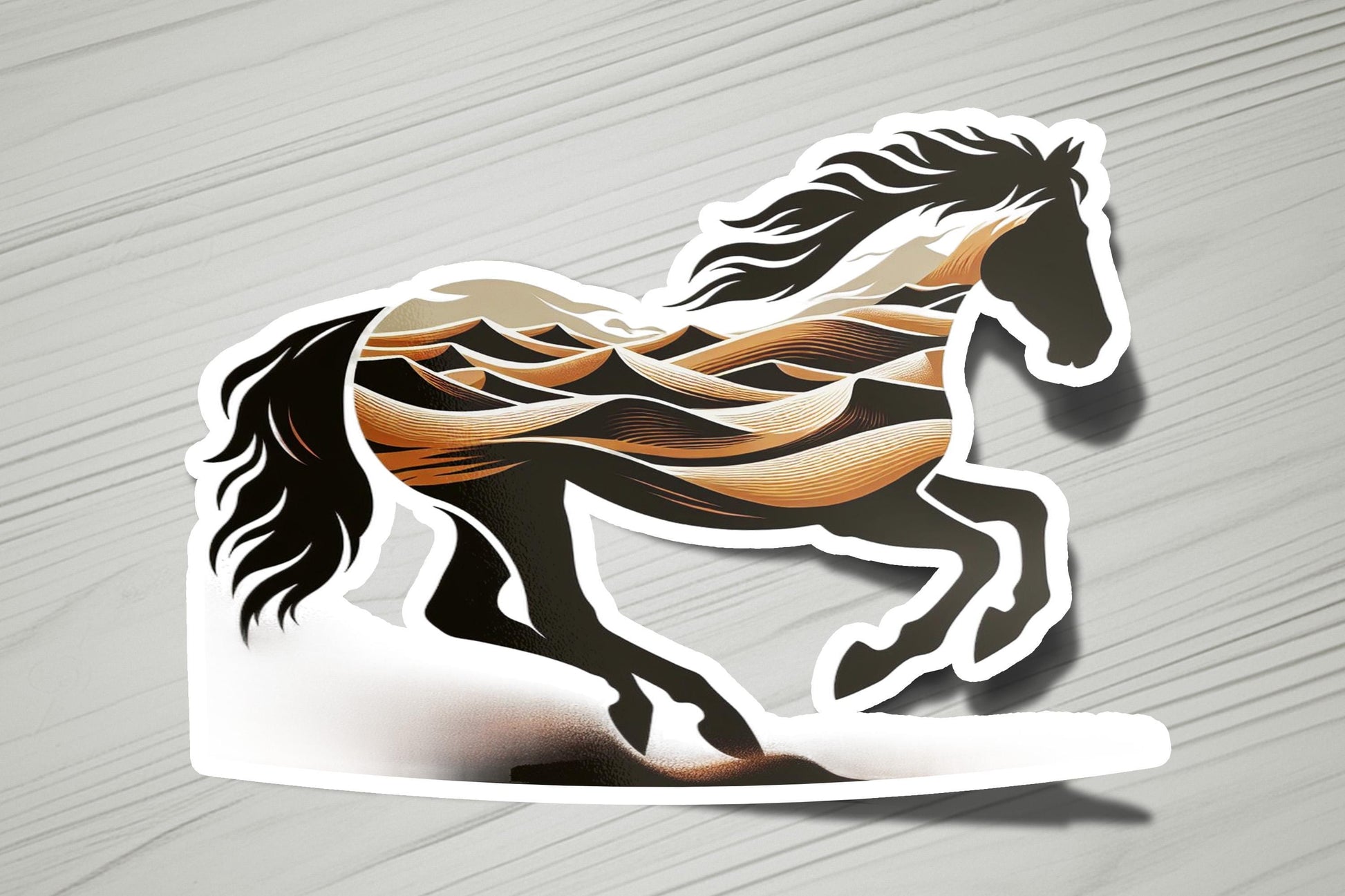a sticker of a running horse on a wooden surface