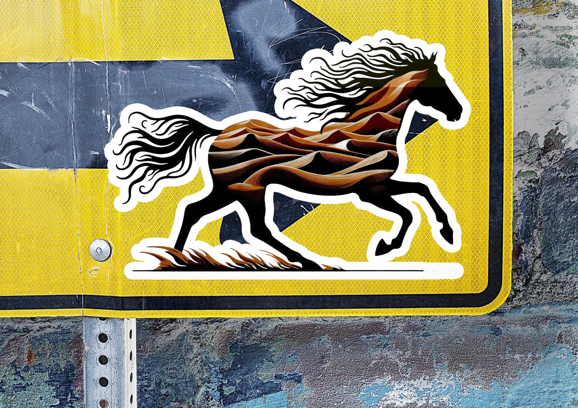 a sticker of a horse on a yellow and black sign