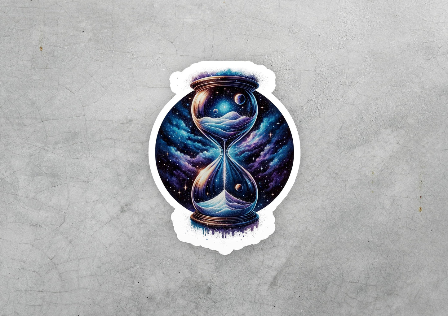 a sticker of an hourglass with stars in the background