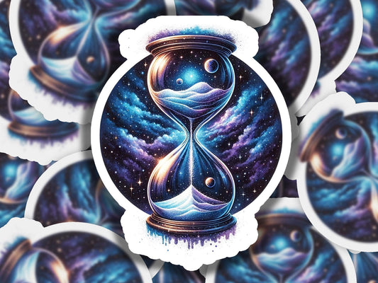 a sticker of an hourglass with stars in the background