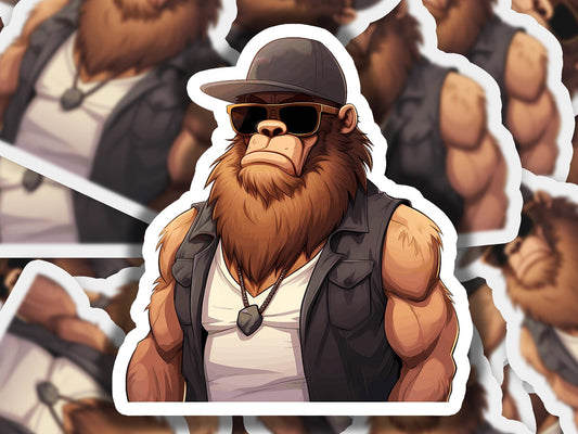 a monkey with a hat and sunglasses standing in front of a bunch of stickers