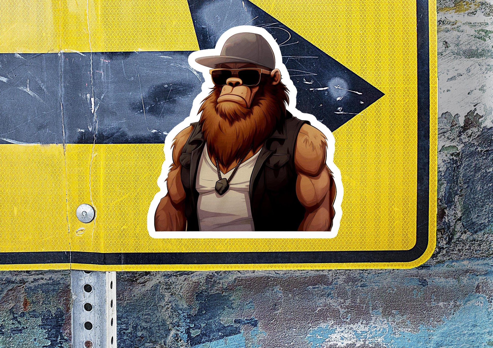a sticker of a gorilla wearing a hat and sunglasses