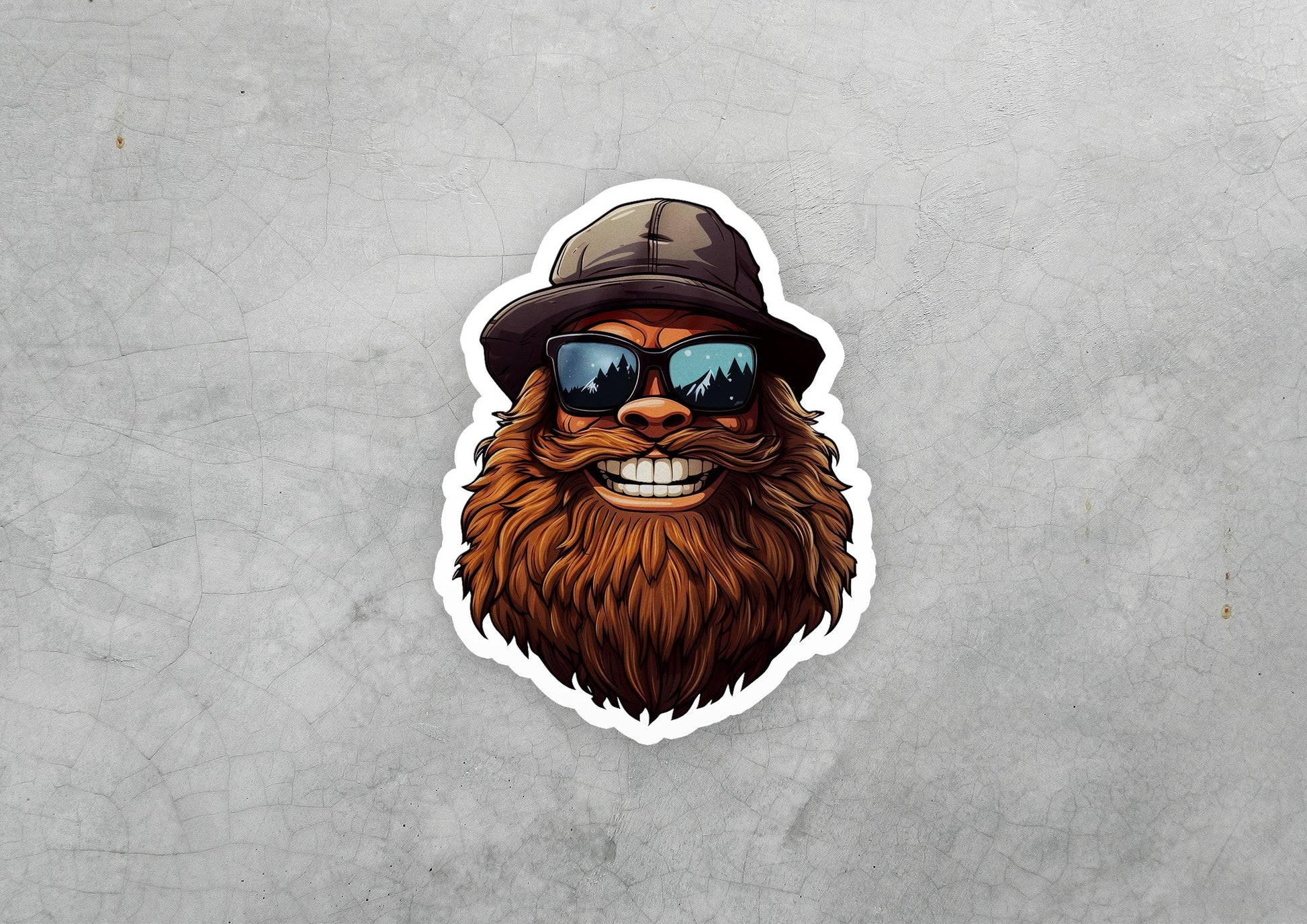 a sticker of a bearded man wearing sunglasses and a hat