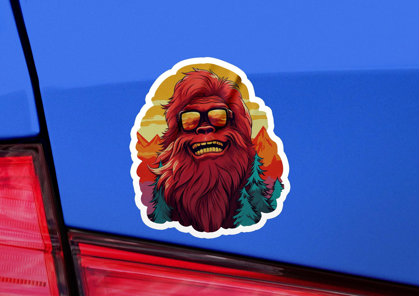 a car with a sticker of a bigfoot