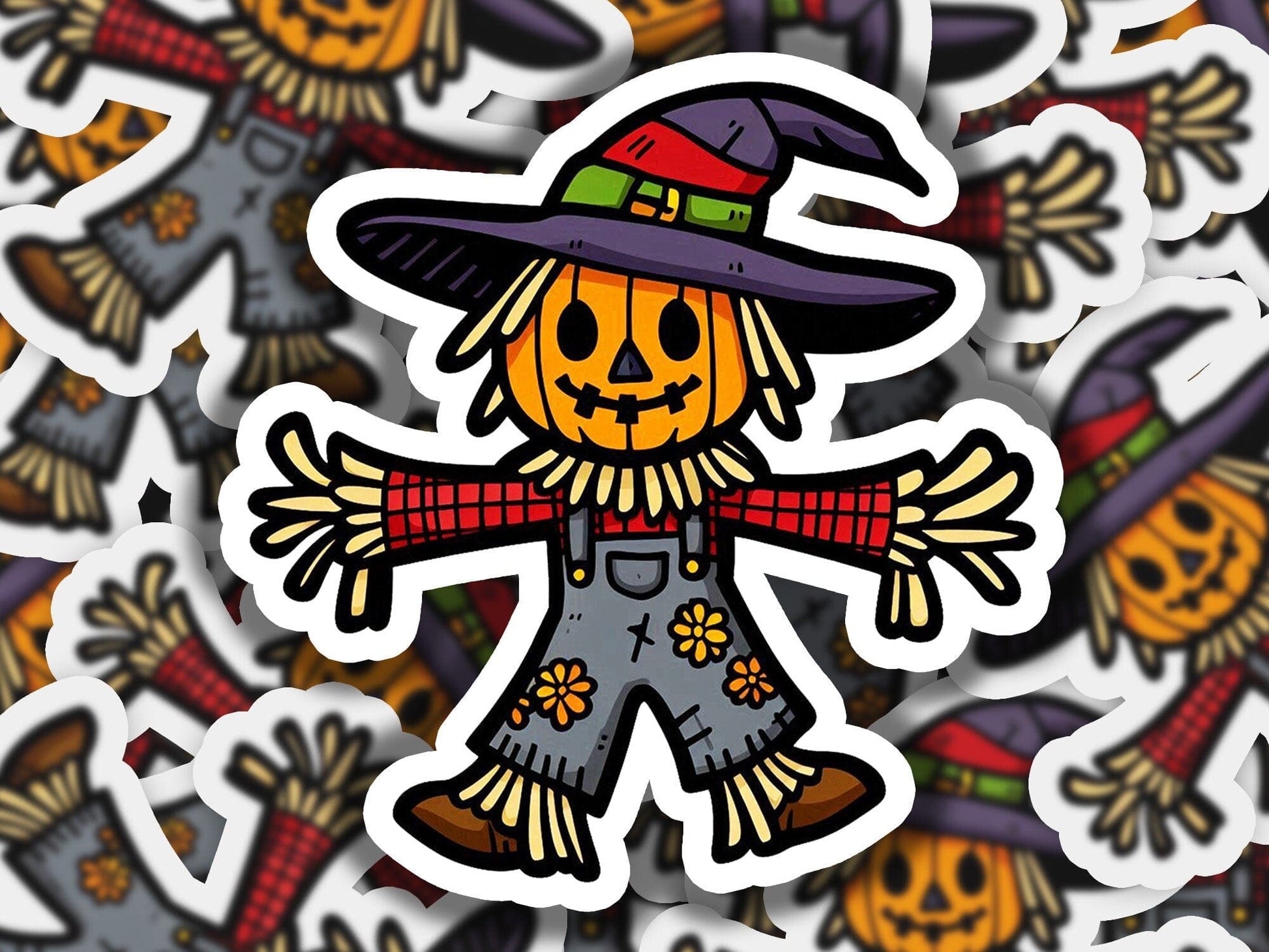 a sticker of a scarecrow wearing a witches hat
