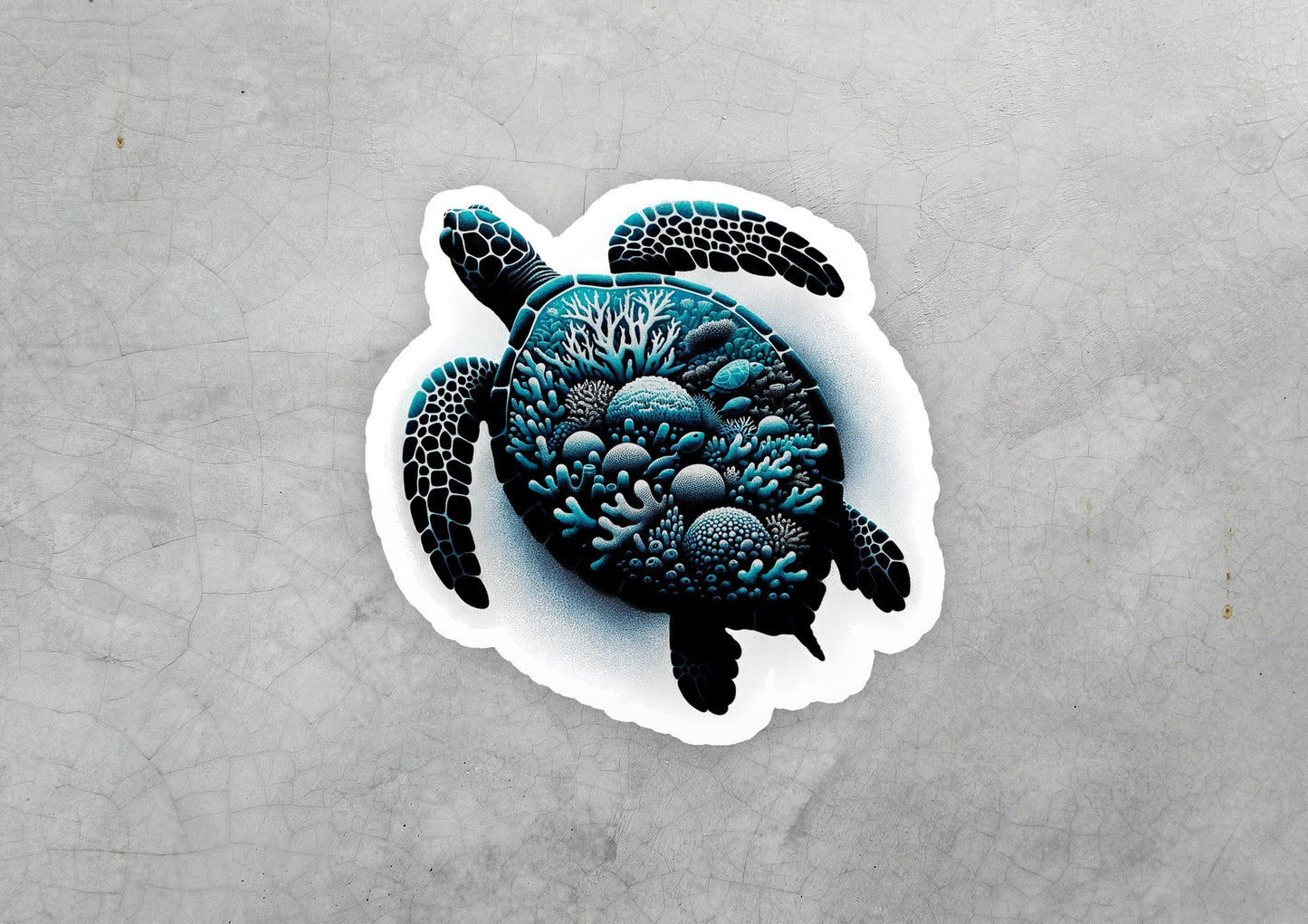 a sticker of a sea turtle on a gray surface