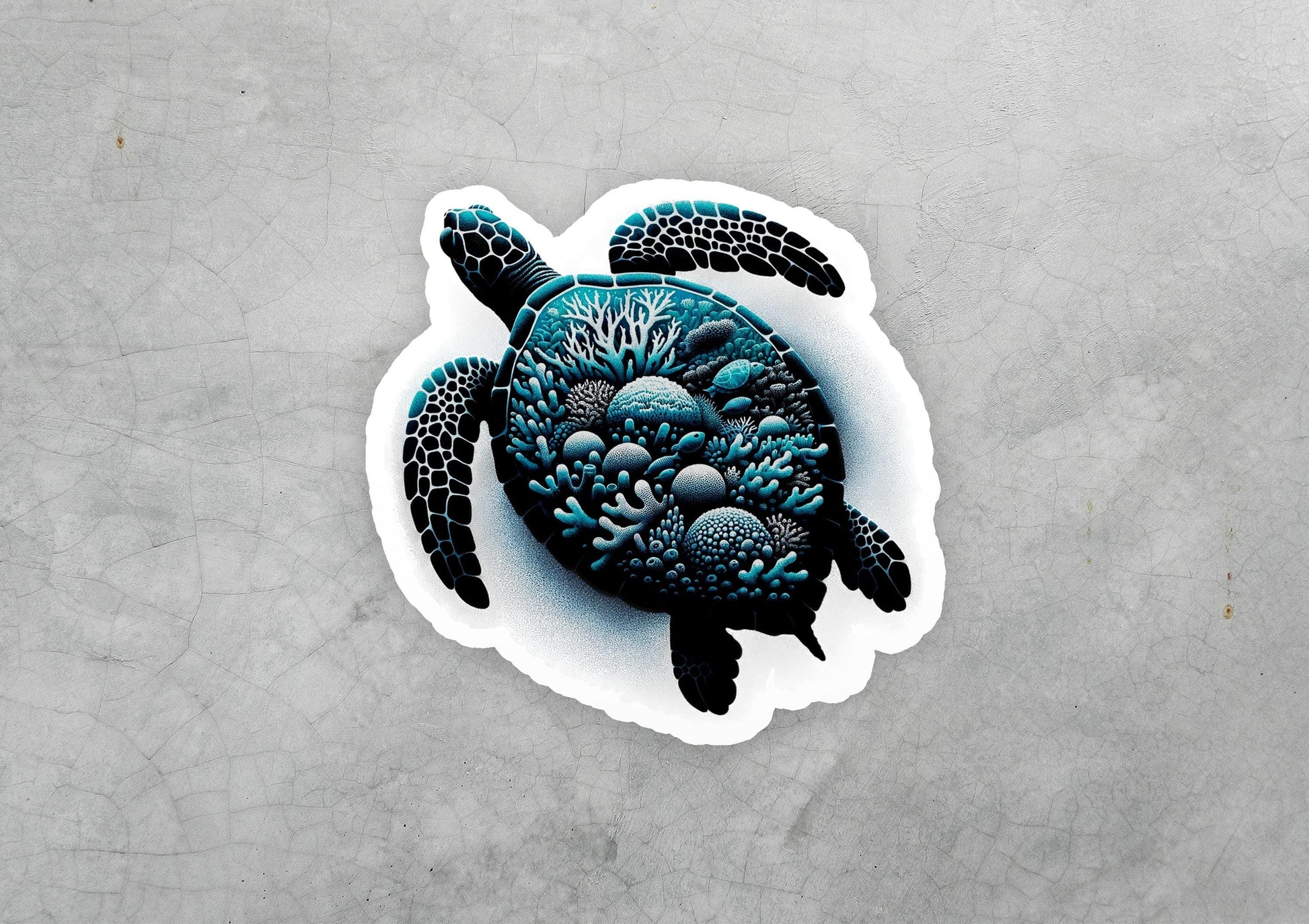 a sticker of a sea turtle on a gray surface