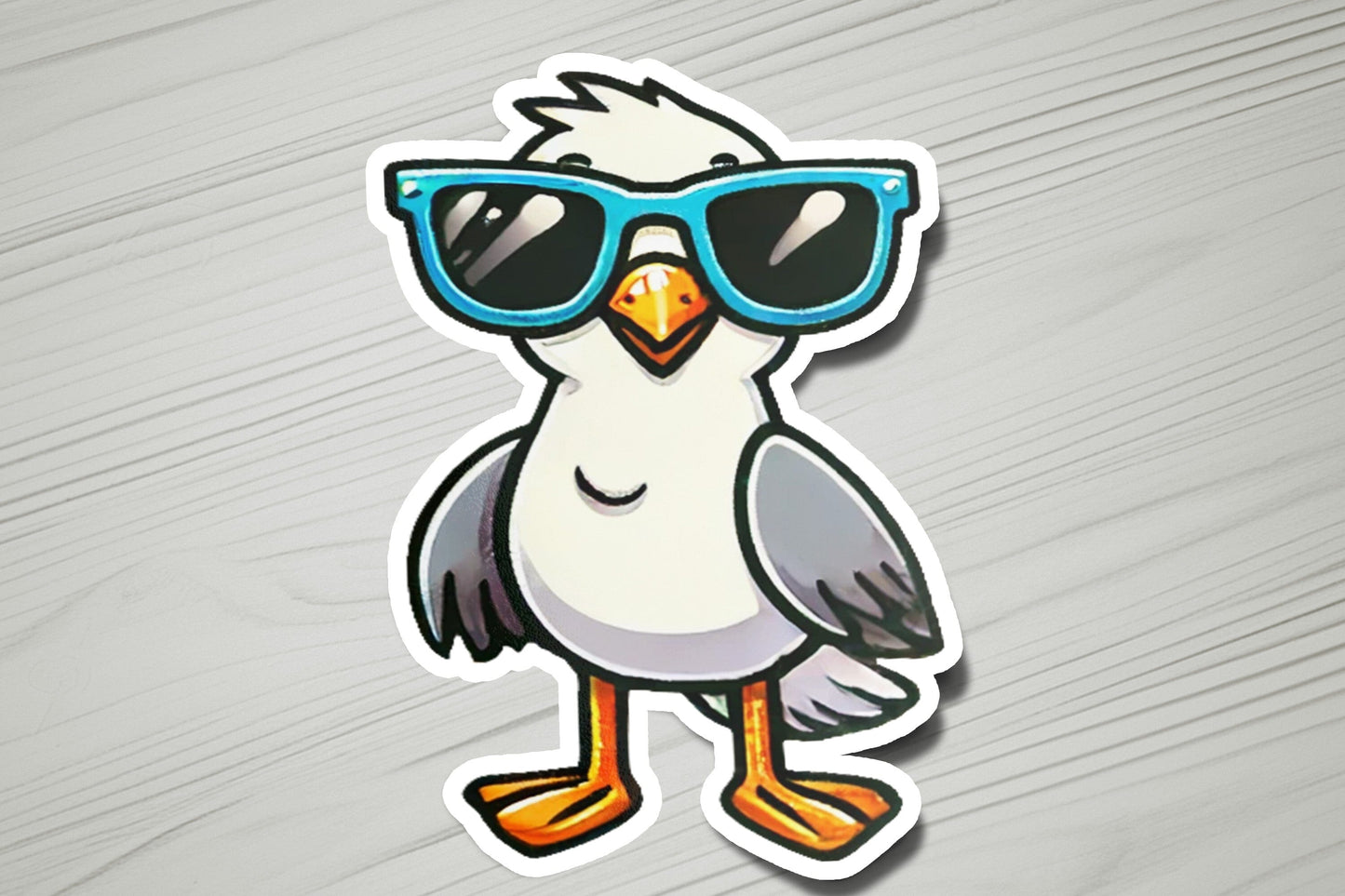 a sticker with a bird wearing sunglasses