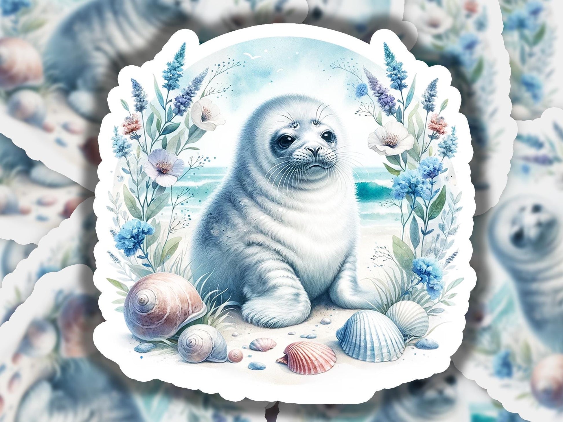 a picture of a sea lion surrounded by seashells