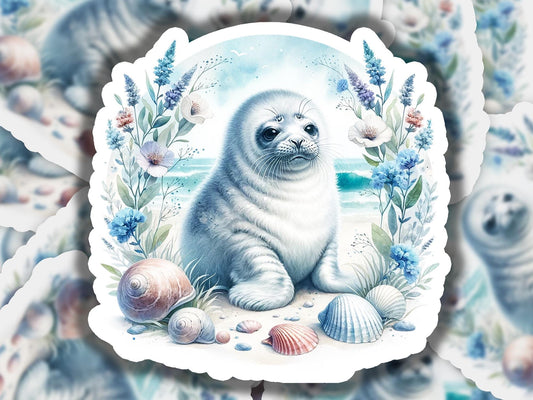 a picture of a sea lion surrounded by seashells