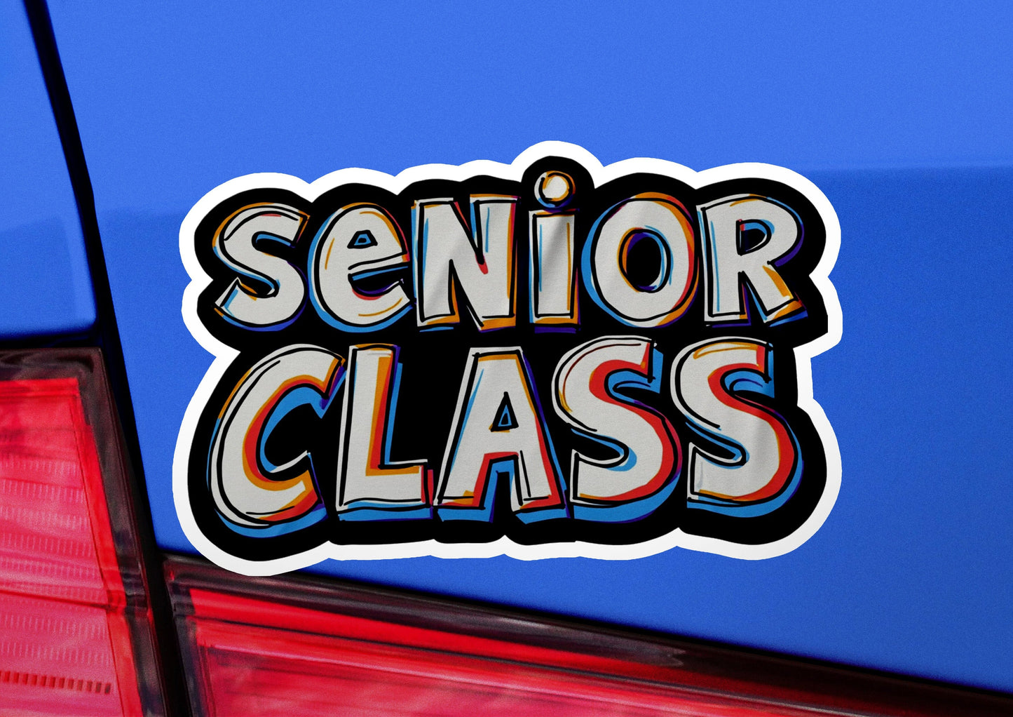 a sticker that says senior class on the back of a car
