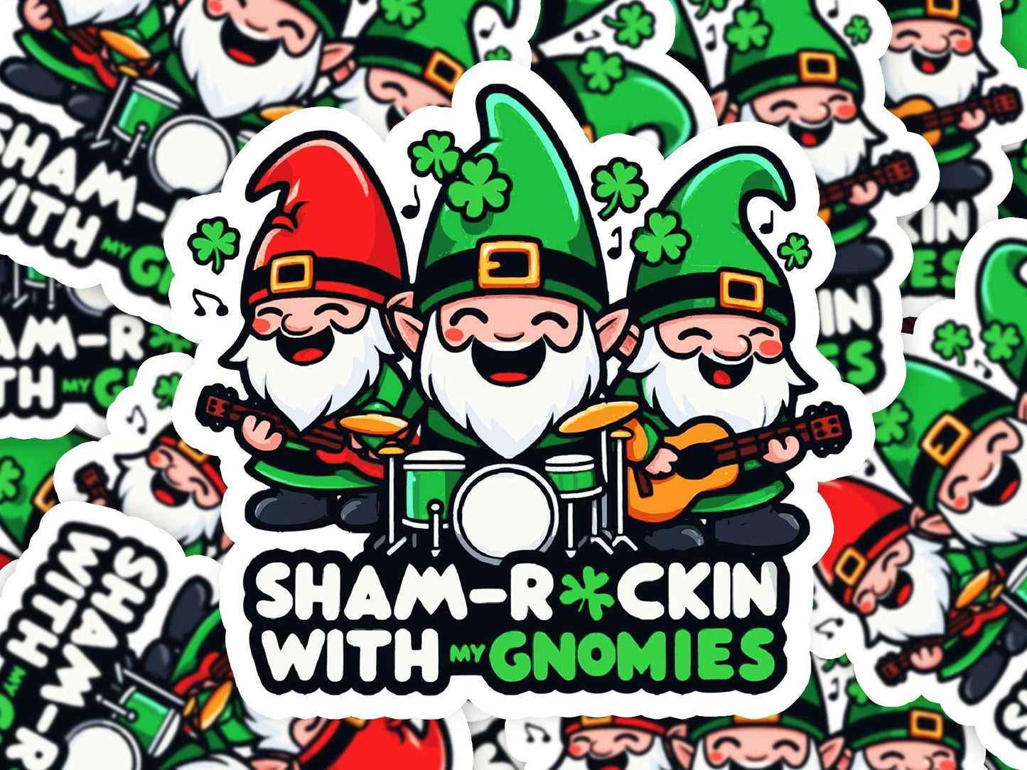 Shamrockin with my Gnomies Vinyl Sticker | Dishwasher Safe & Durable | Custom Sizes | Fast Shipping | Made in USA Fiesta Doodle waterproof vinyl sticker. dishwasher safe outdoor sticker.