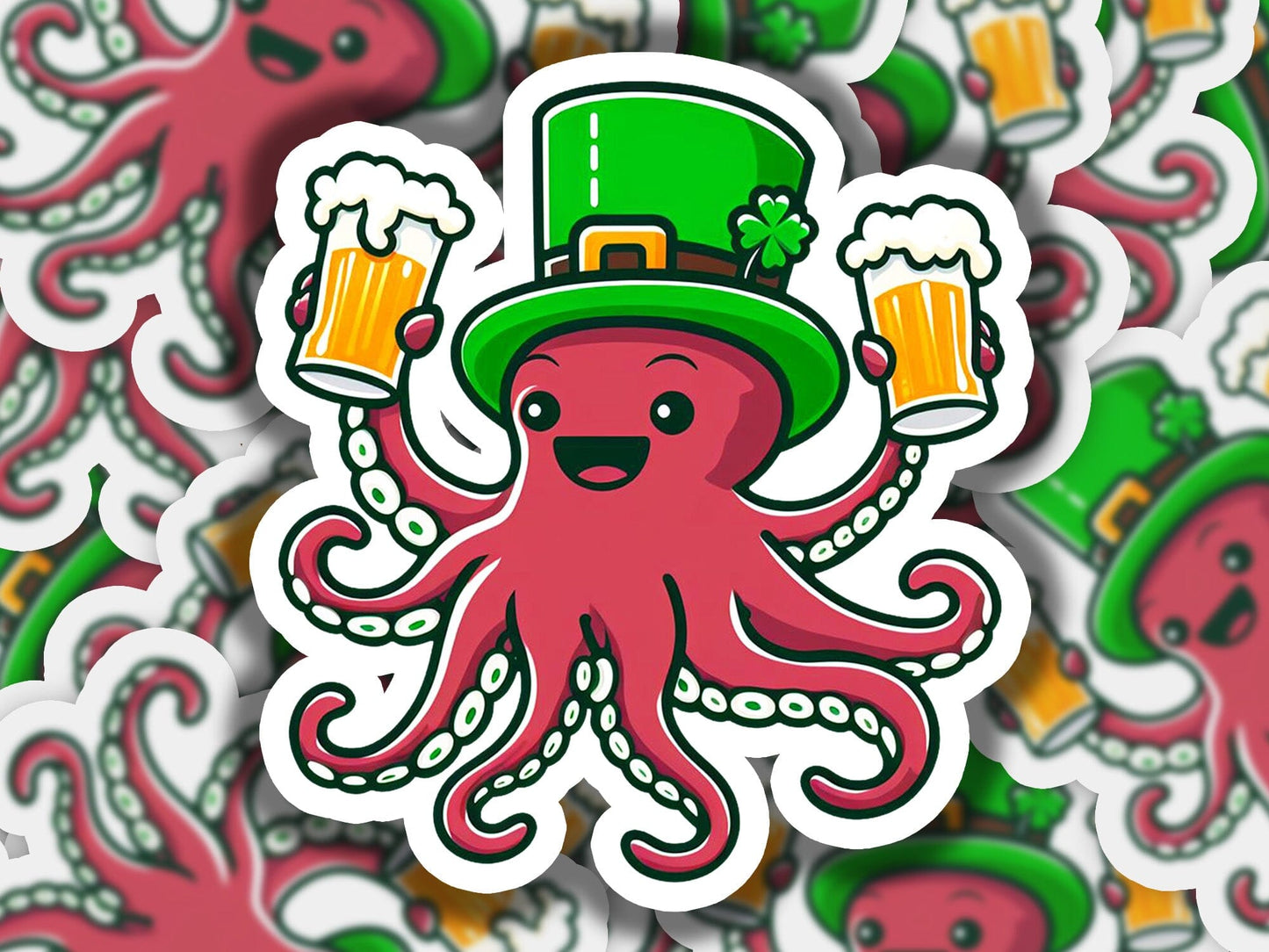 an octopus with a green hat and two mugs of beer