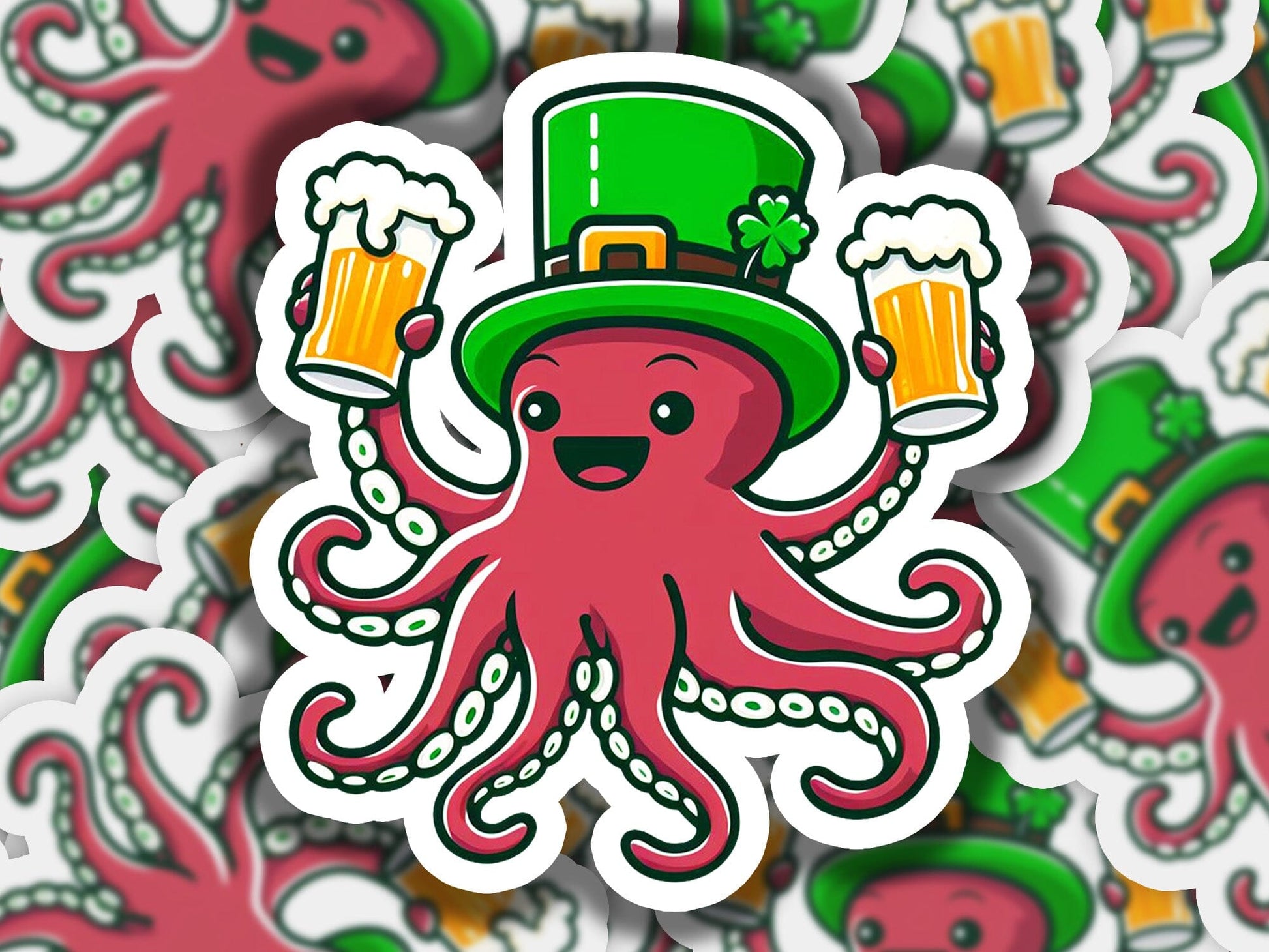 an octopus with a green hat and two mugs of beer