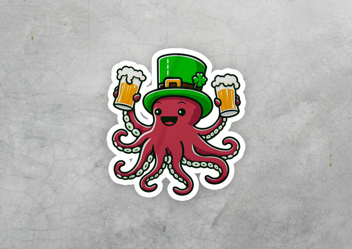 a sticker of an octopus wearing a hat and holding two mugs of beer
