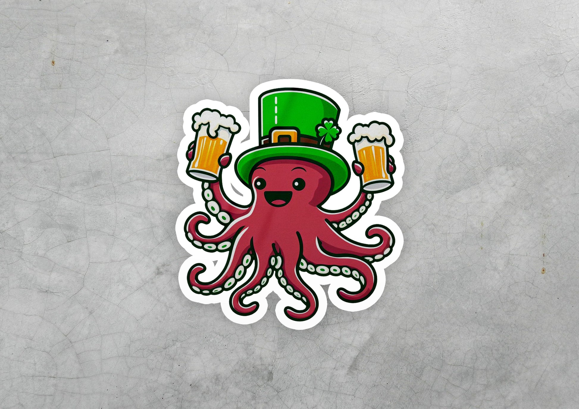 a sticker of an octopus wearing a hat and holding two mugs of beer
