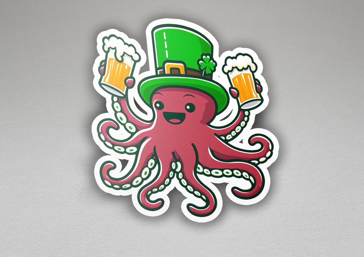 a sticker of an octopus wearing a hat and holding two mugs of beer
