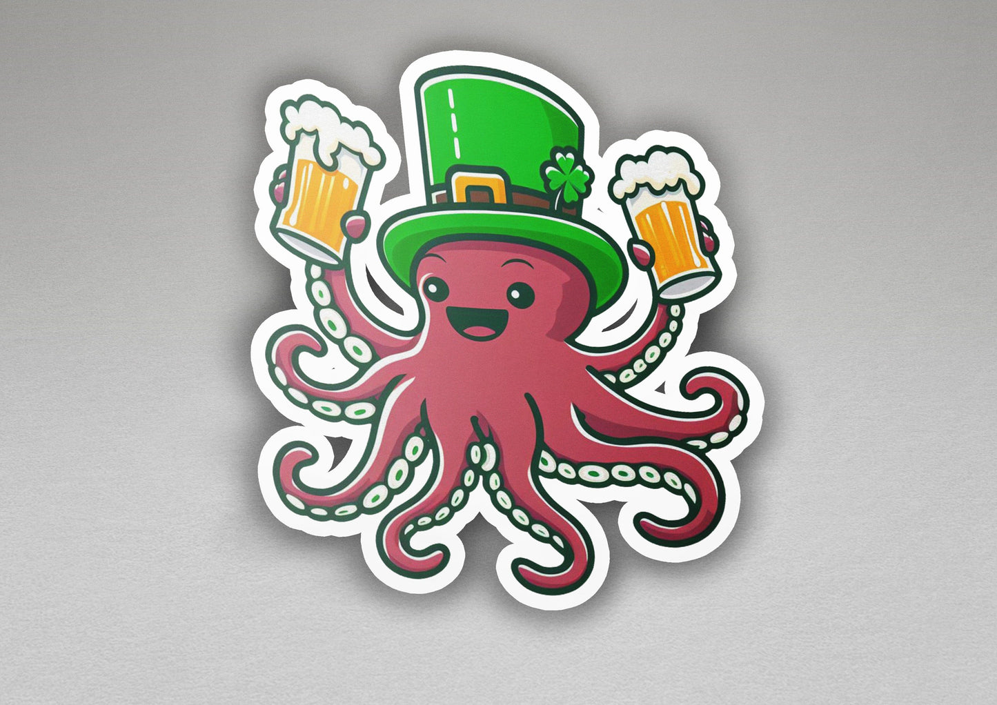 a sticker of an octopus wearing a hat and holding two mugs of beer