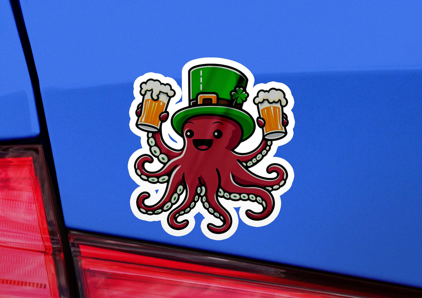 a sticker of an octopus wearing a hat and holding two mugs of beer