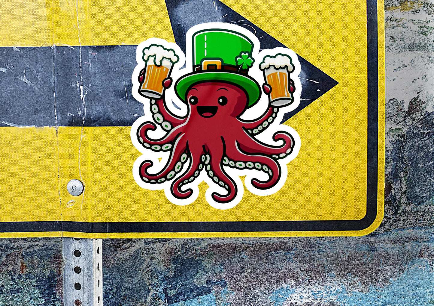 a street sign with an octopus wearing a hat and holding two mugs of beer