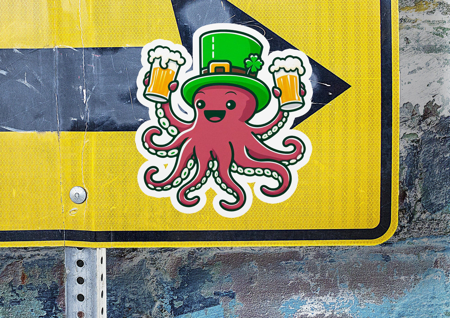 a street sign with an octopus wearing a hat