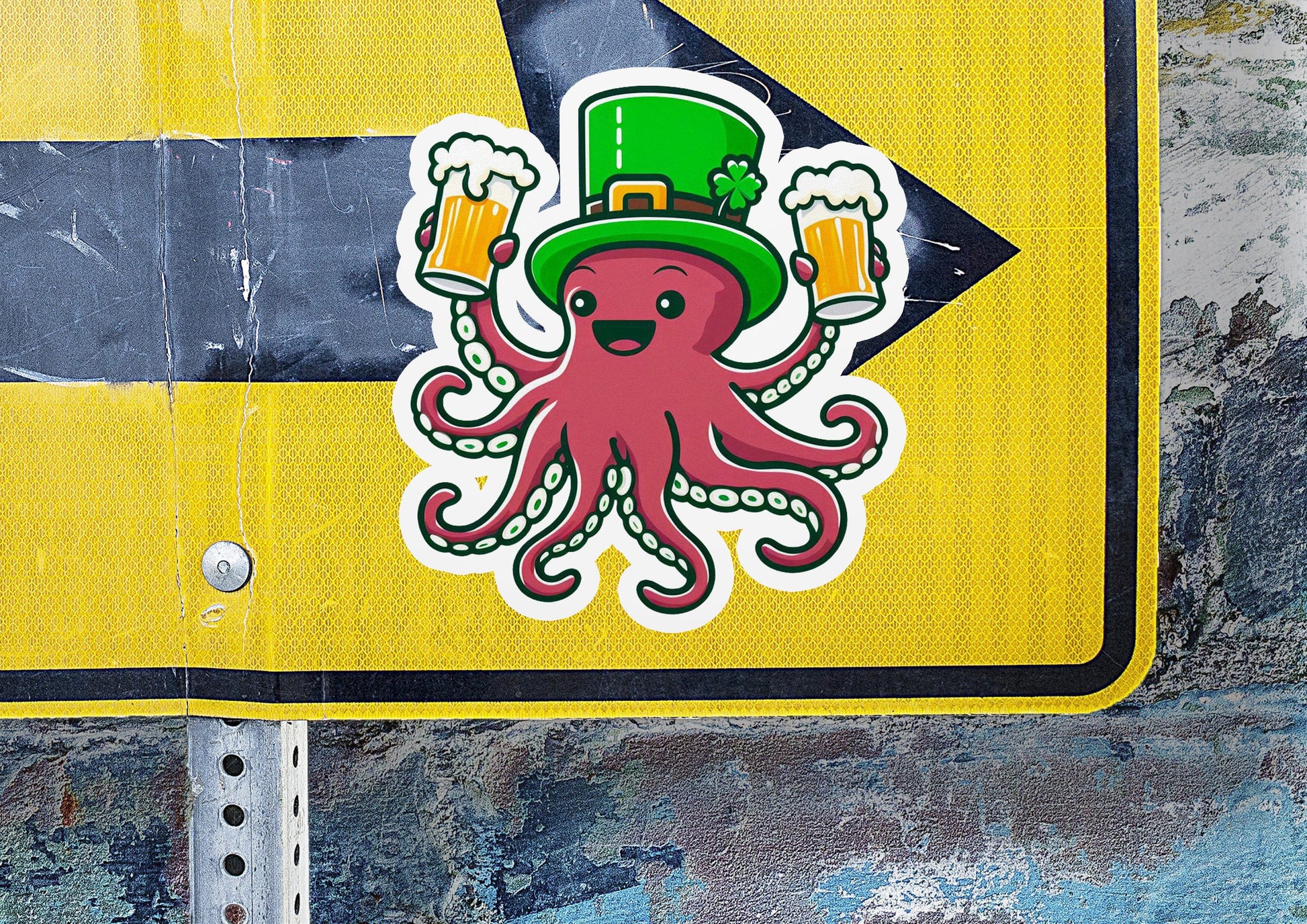 a street sign with an octopus wearing a hat