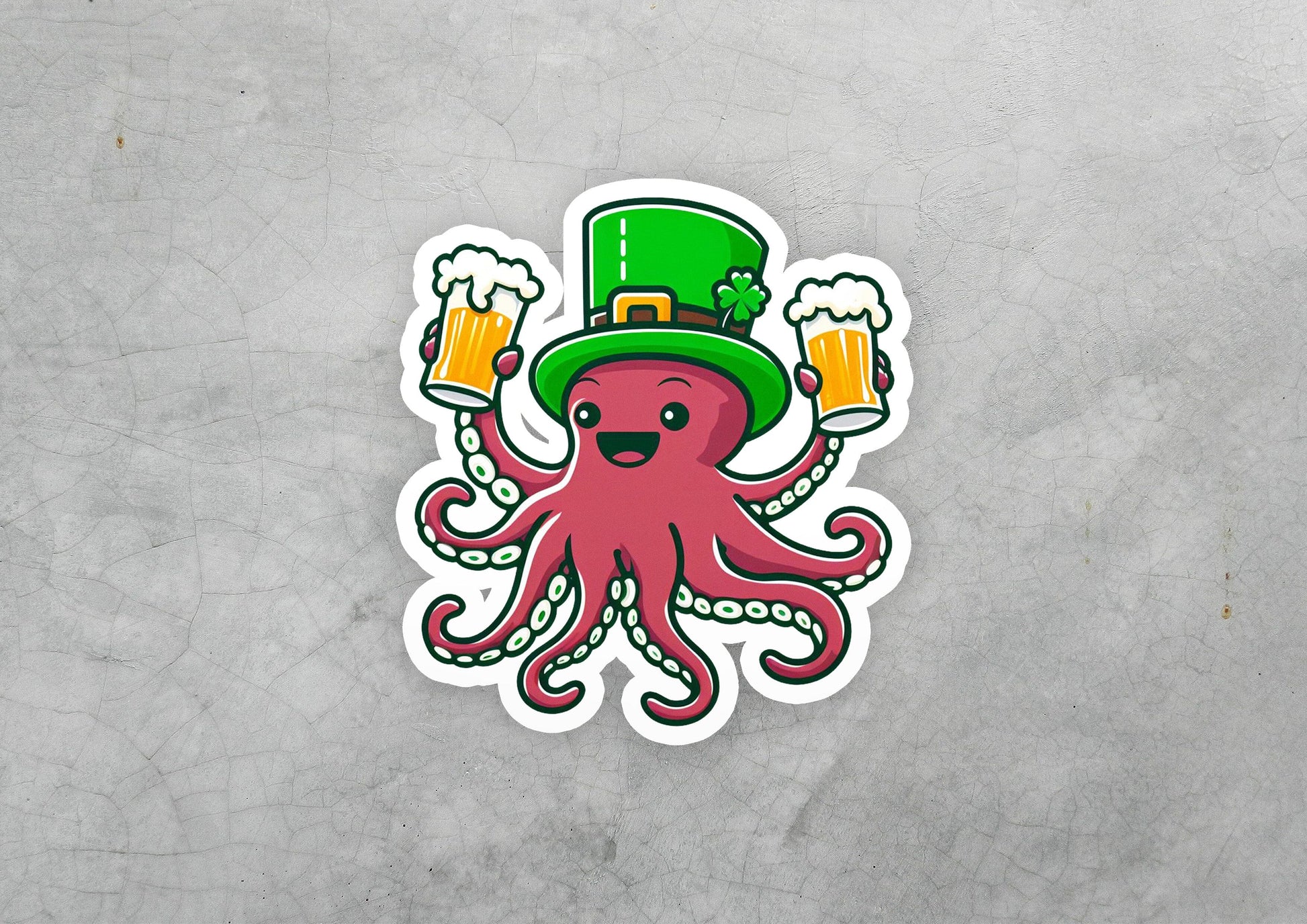 a sticker of an octopus wearing a hat and holding two mugs of beer