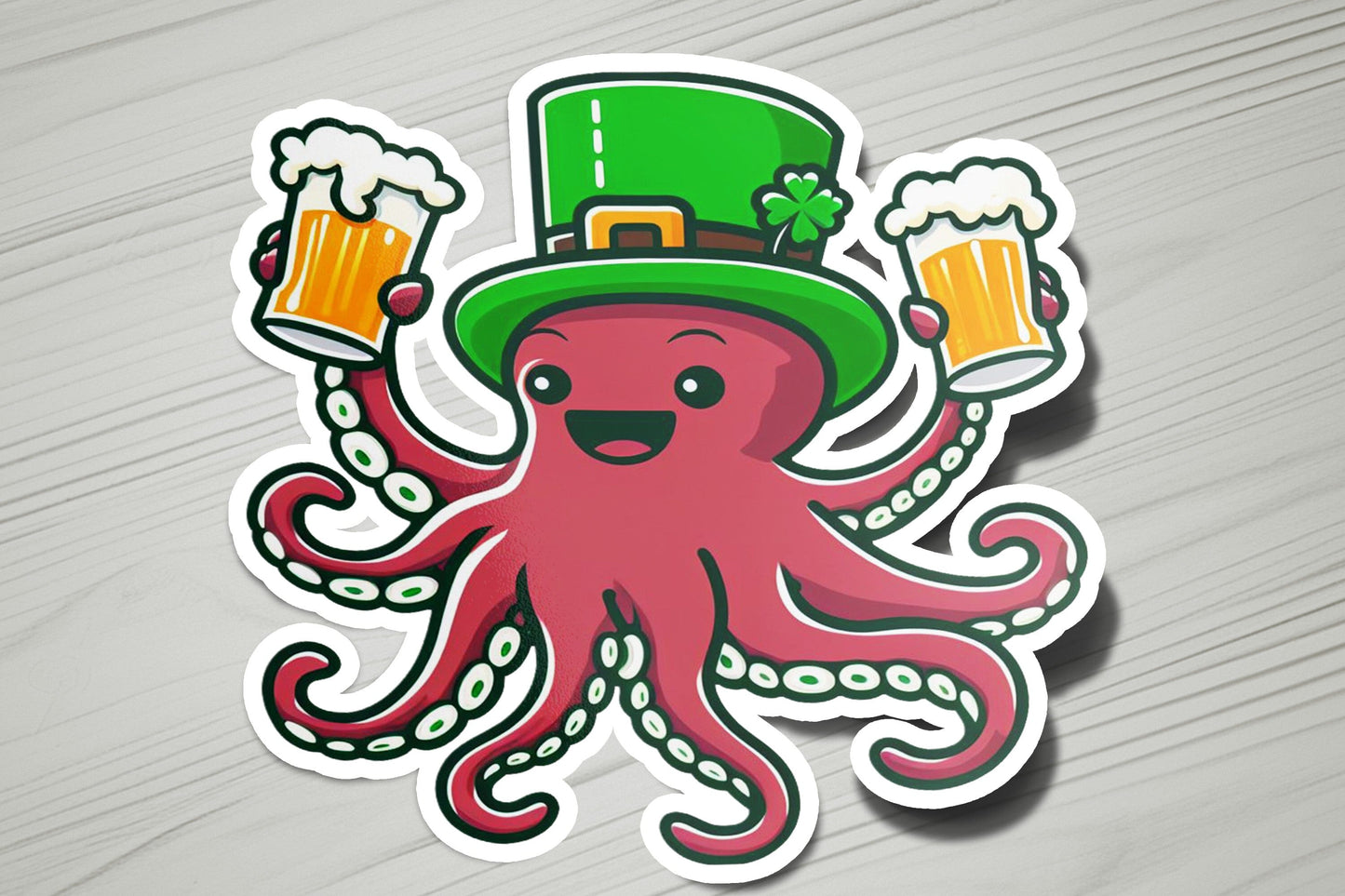 a sticker of an octopus wearing a hat and holding two mugs of beer
