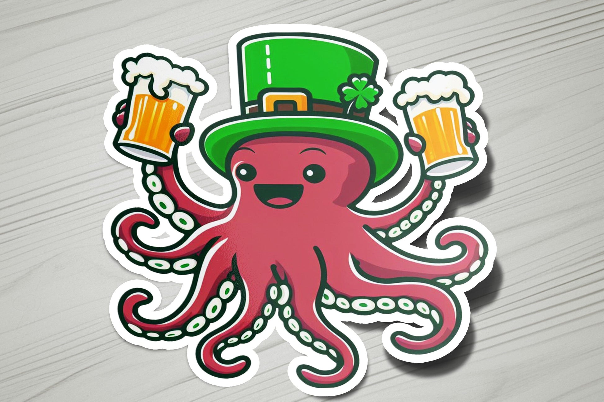 a sticker of an octopus wearing a hat and holding two mugs of beer