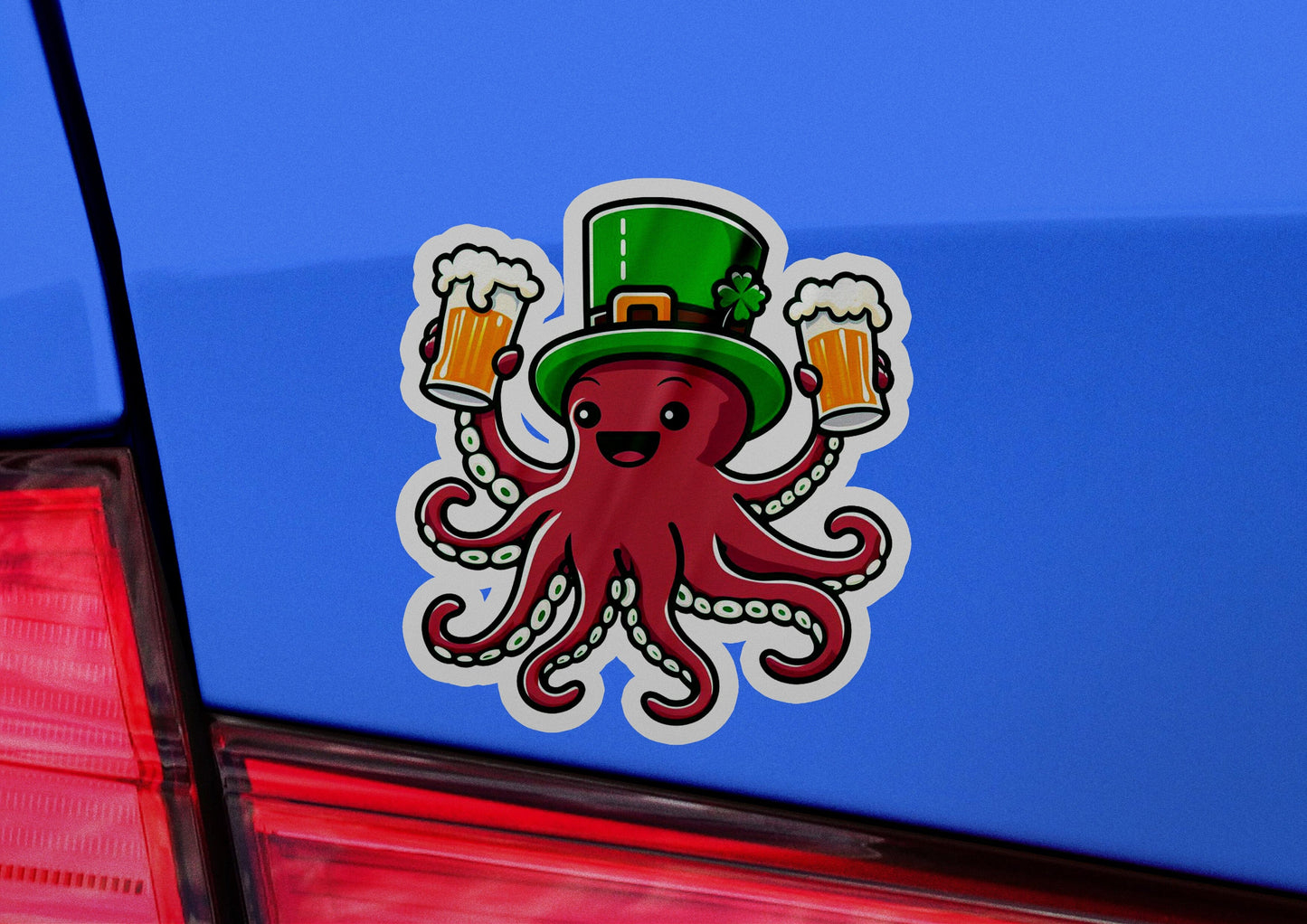 a sticker of an octopus wearing a hat and holding two mugs of beer