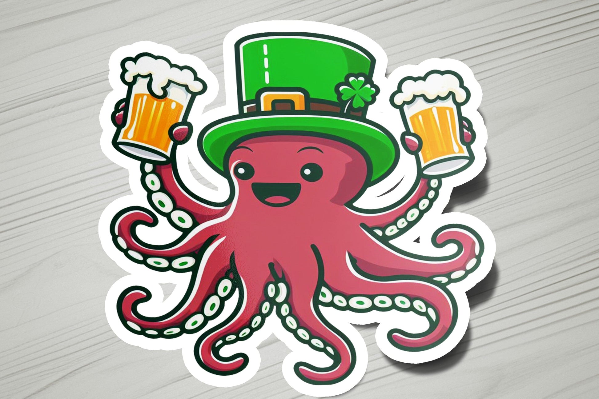 a sticker of an octopus wearing a hat and holding two mugs of beer