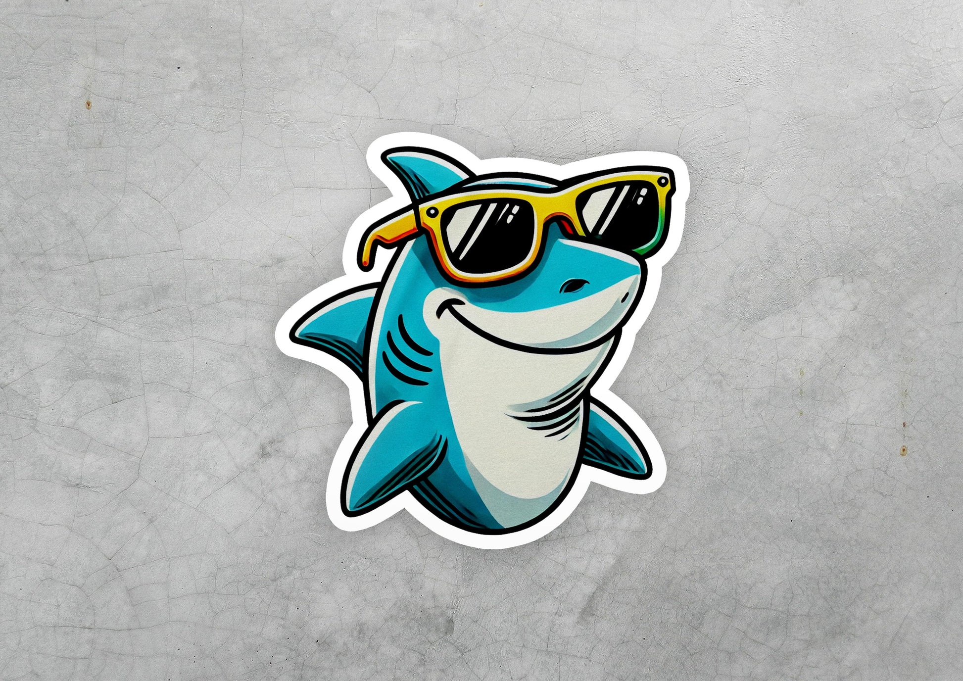 a sticker of a shark wearing sunglasses