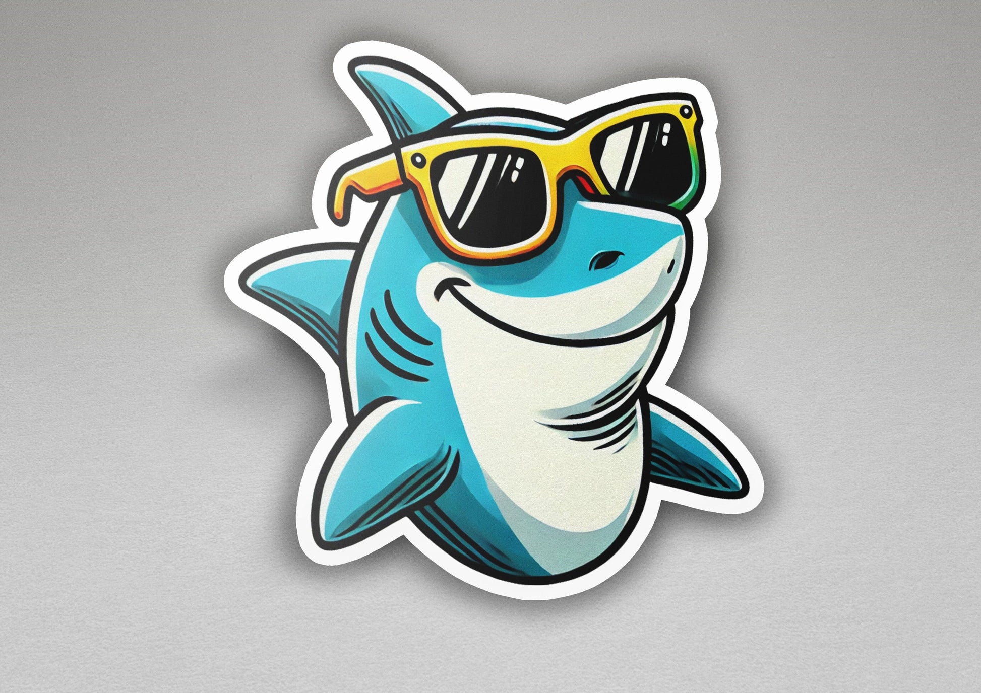 a sticker of a shark wearing sunglasses