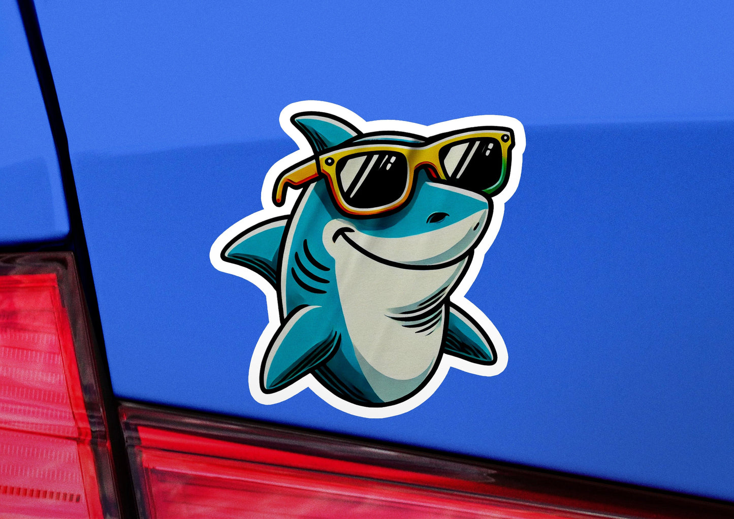 a sticker of a shark wearing sunglasses