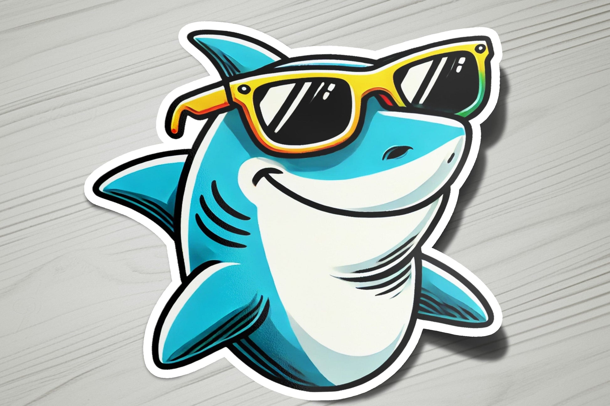 a sticker of a shark wearing sunglasses