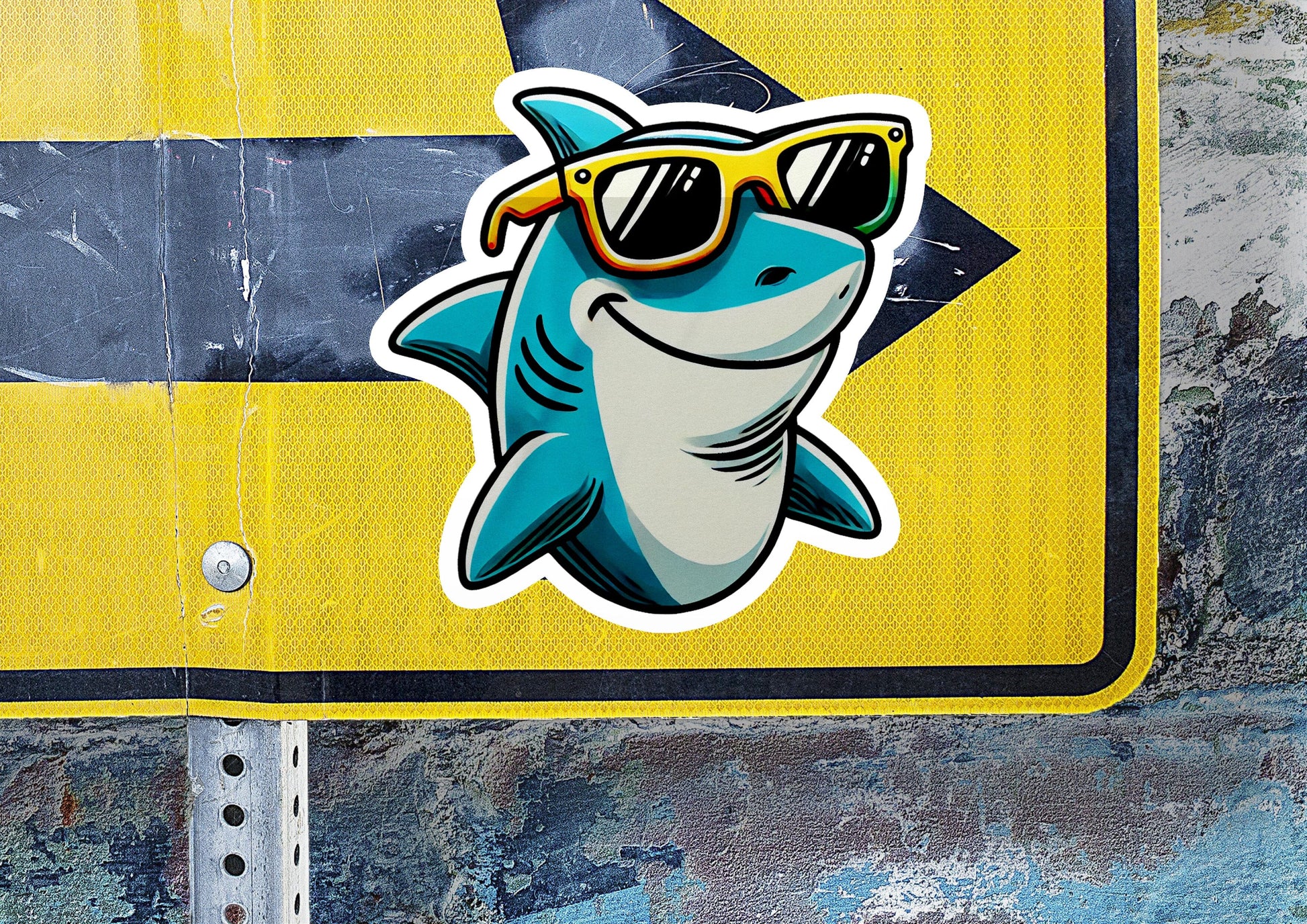 a sticker of a shark wearing sunglasses
