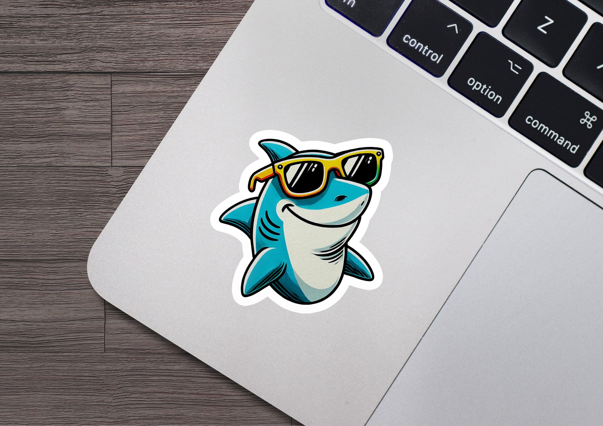 a sticker of a shark wearing sunglasses