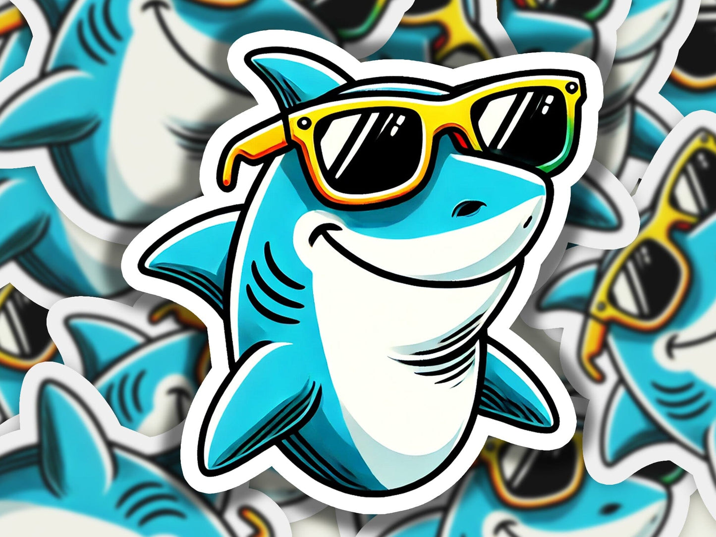 a sticker of a shark wearing sunglasses